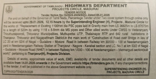 ighways Department Madurai Tender Notice 08 Jan 2026 Pipe Replacement