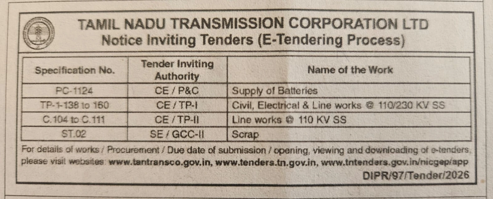 TANTRANSCO Notice Inviting E-Tenders Jan 2026