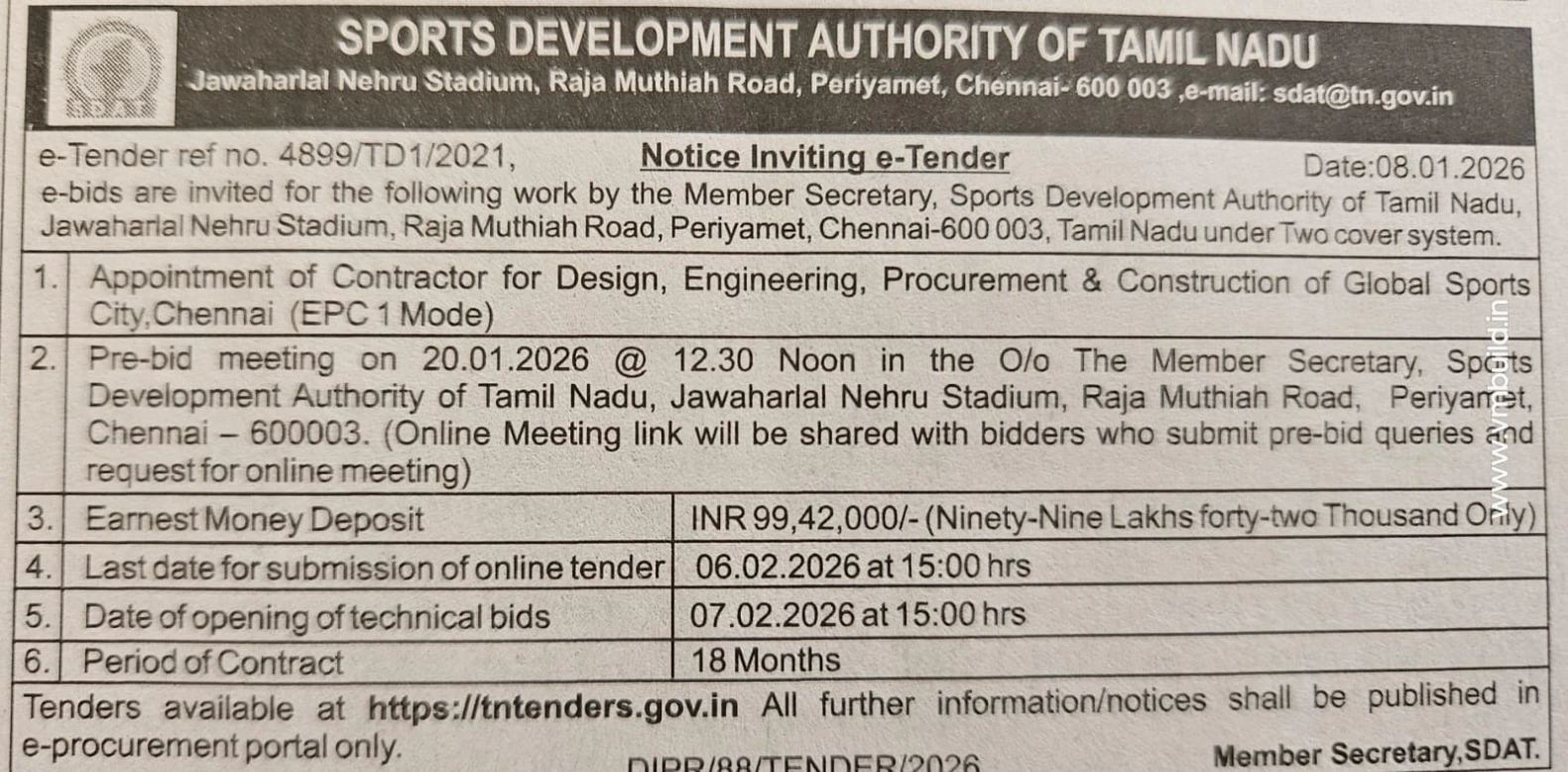 SDAT Tender Notice Global Sports City Chennai EPC Mode