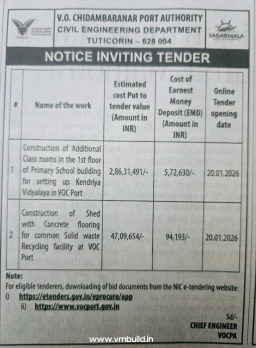 V.O. Chidambaranar Port Authority tender for Kendriya Vidyalaya classroom construction and waste recycling shed in Tuticorin. VOC Port Authority Tuticorin school building and shed construction tender 2026