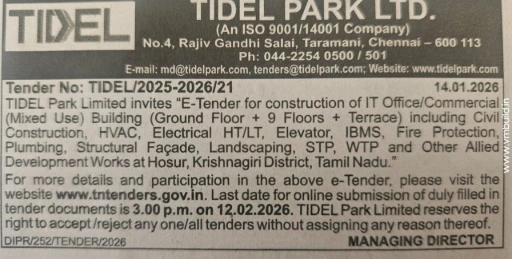 TIDEL Park Hosur construction tender notice G+9 floors IT office 2026