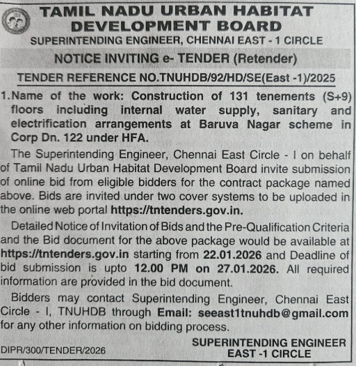 TNUHDB tender notice for construction of 131 tenements S+9 floors at Baruva Nagar Chennai
