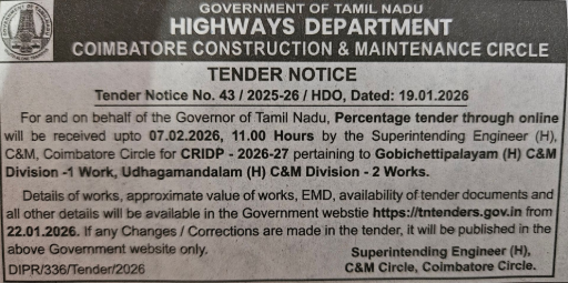 Highways Department Coimbatore Circle tender for road works in Gobi and Ooty