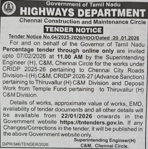 Highways Department Chennai Circle tender notice for CRIDP 2026 road works