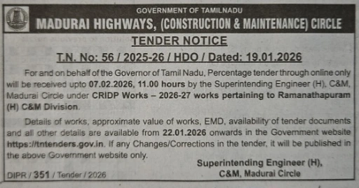 Madurai Highways Tender notice for Ramanathapuram division road works