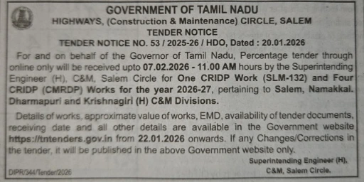 Salem Highways Tender for road works in Namakkal Dharmapuri and Krishnagiri