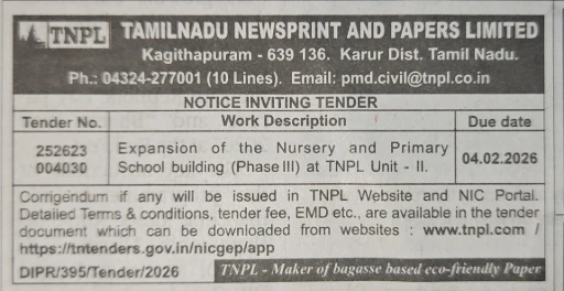 TNPL Civil Tender for expansion of nursery and primary school building phase 3