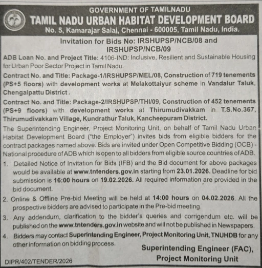 TNUHDB Construction Tender for 1171 tenements at Melakottaiyur and Thirumudivakkam ADB funded
