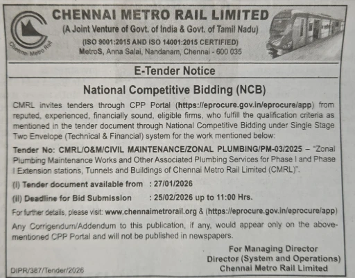 Chennai Metro Rail Maintenance Tender for zonal plumbing works phase 1 stations