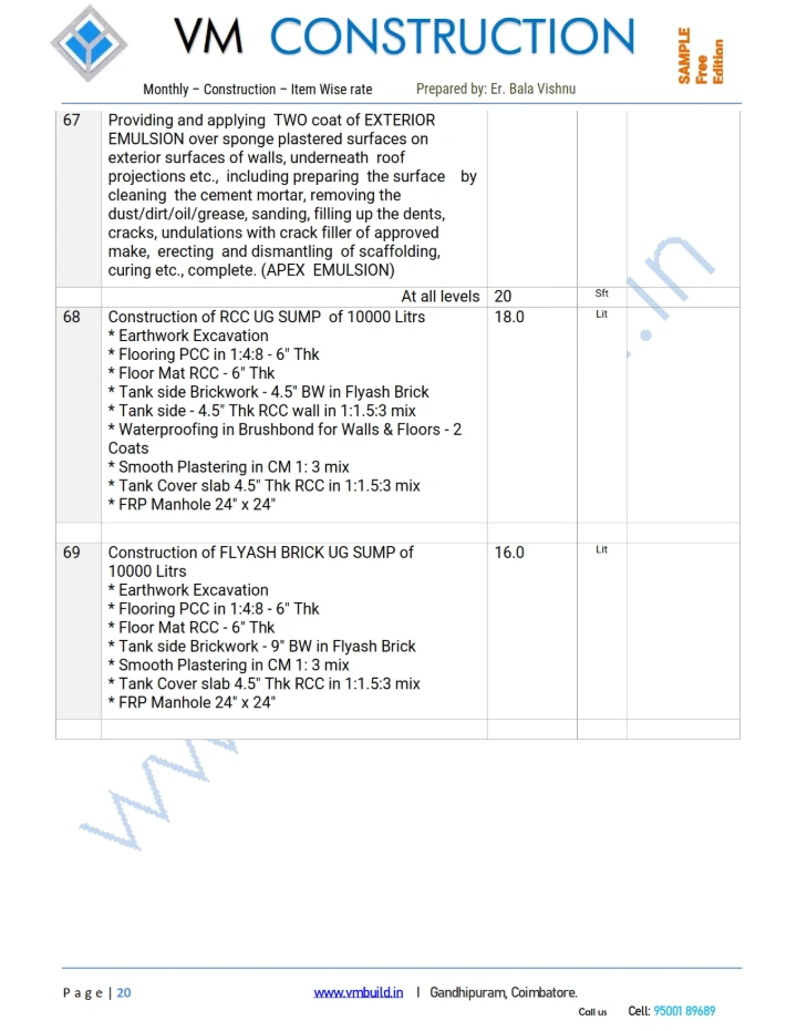 Detailed rates for Painting works and Underground Sump construction.