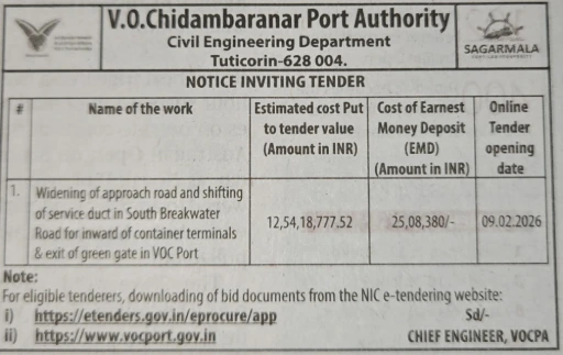 VOC Port Trust Tender for widening approach road and service duct in Tuticorin value 12.54 crores