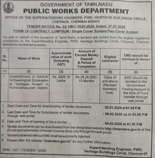 PWD Heritage Buildings Circle tender for Naavai Archaeological Excavation at Azhagan Kulam value 28 crores