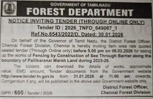 Forest Department Tender for fencing Pallikaranai Marsh Land Chennai