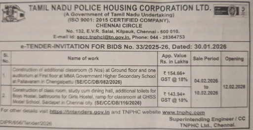 TNPHC tender for construction of classrooms and auditorium in Pallavaram and Saidapet government schools