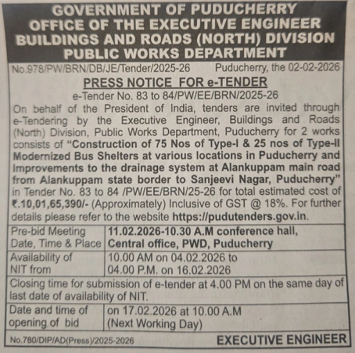 Puducherry PWD tender for construction of 100 modernized bus shelters and drainage works value 10 crores
