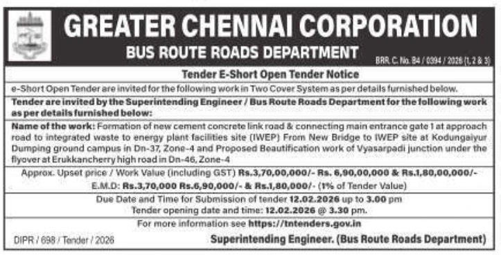 Chennai Corporation tender for concrete link road at Kodungaiyur and beautification of Vyasarpadi junction