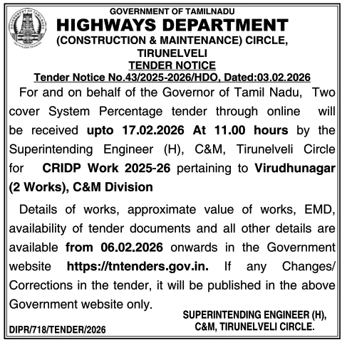 Highways Department tender for CRIDP road works in Virudhunagar division