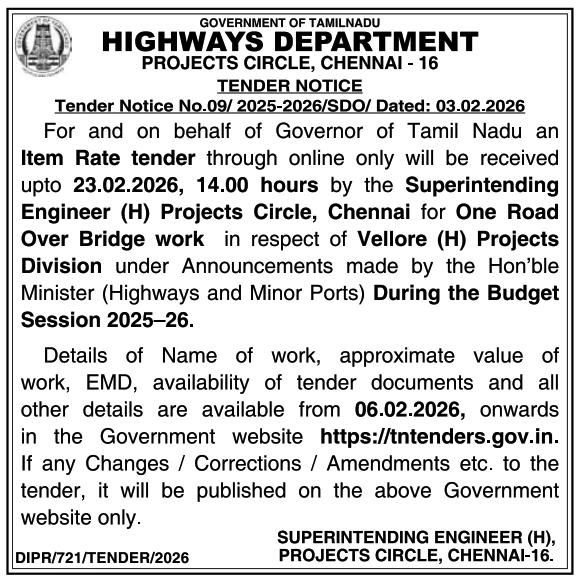 Highways Department tender for Road Over Bridge construction in Vellore Projects Division