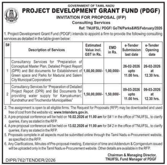 TNUIFSL consultancy tender for preparation of master plan for green spaces in Madurai and Salem