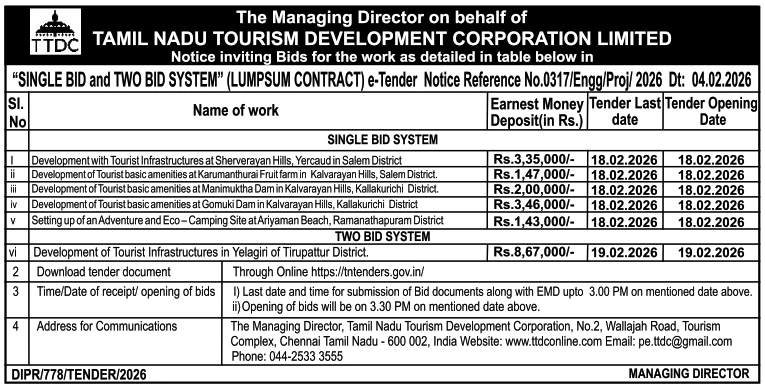 TTDC tender for tourist infrastructure development in Yercaud Yelagiri and Kalvarayan Hills