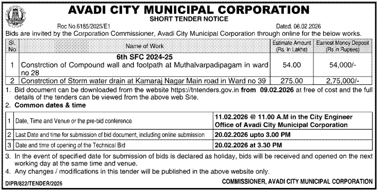 Avadi Corporation tender for storm water drain and compound wall construction